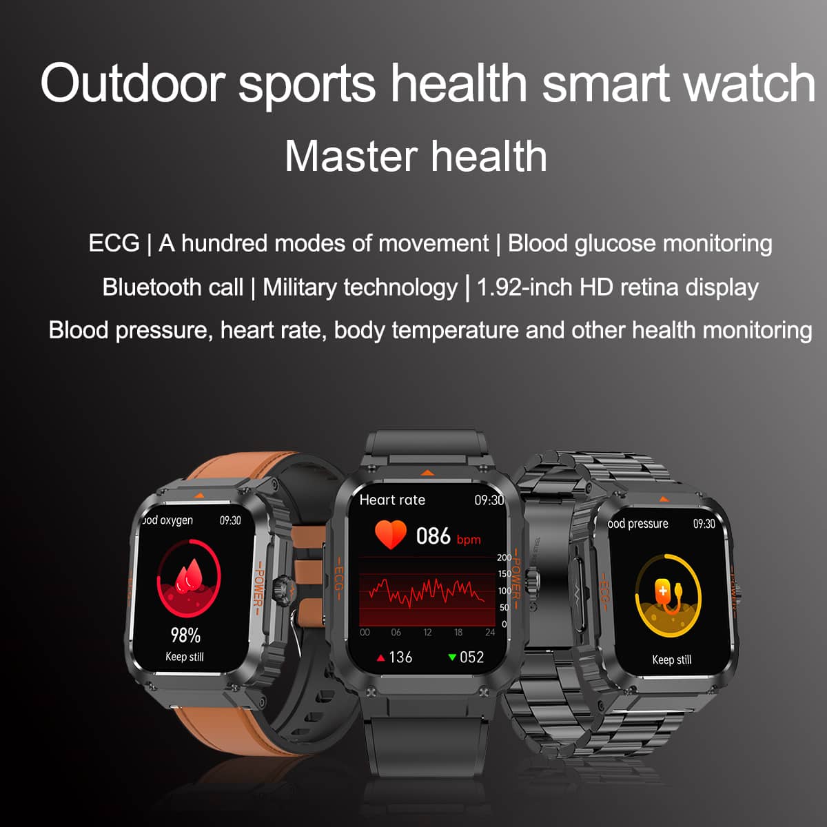 TH94 Fashion Outdoor Sports Health Smart Watch ECG/EKG Blood Glucose Bluetooth Call 100+ Sports Modes